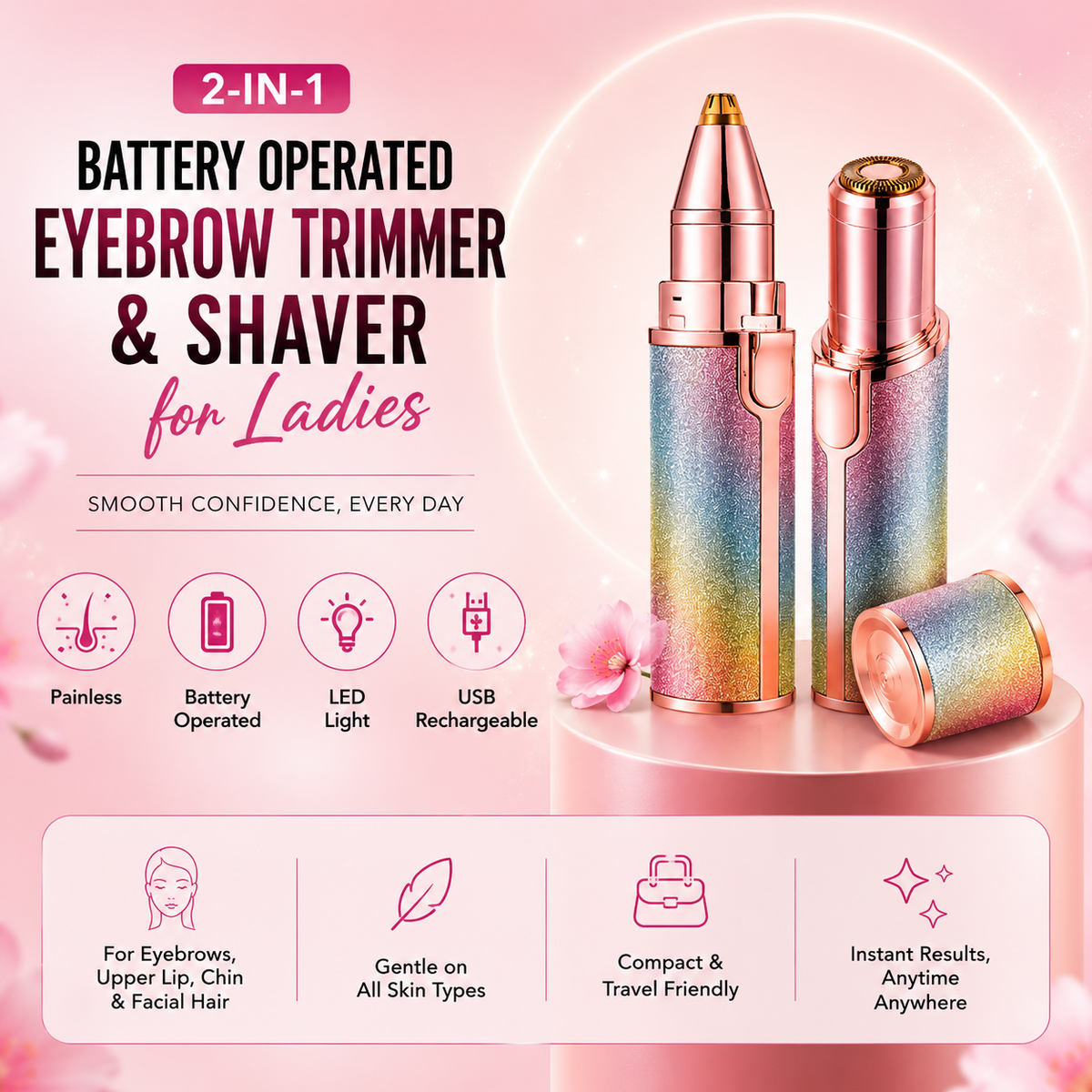2-in-1 Rechargeable Facial Hair Remover & Eyebrow Trimmer with LED