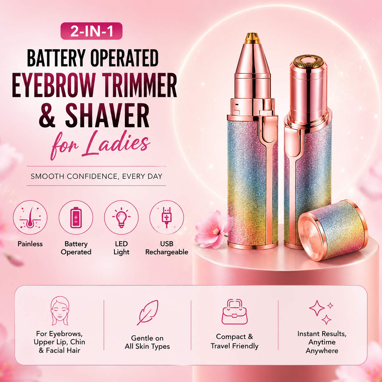 2-in-1 Rechargeable Facial Hair Remover & Eyebrow Trimmer with LED
